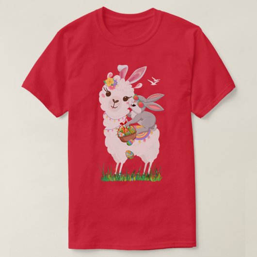 Cute Bunny Riding Llama Holding Egg Basket Happy E T-Shirt (Design vorne)