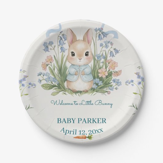 Cute Bunny Spring Floral Baby Shower Personalized Pappteller (Vorderseite)