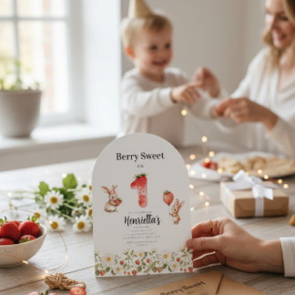 Cute Bunny Strawberry Theme First Birthday  Einladung