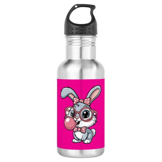 Cute Bunny with Glasses Blowing Bubble Gum Edelstahlflasche (Vorderseite)