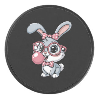 Cute Bunny with Glasses Blowing Bubble Gum Eishockey Puck
