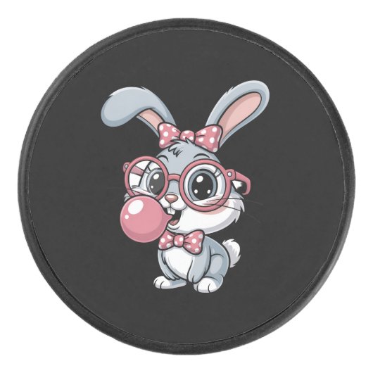Cute Bunny with Glasses Blowing Bubble Gum Eishockey Puck (Vorderseite)