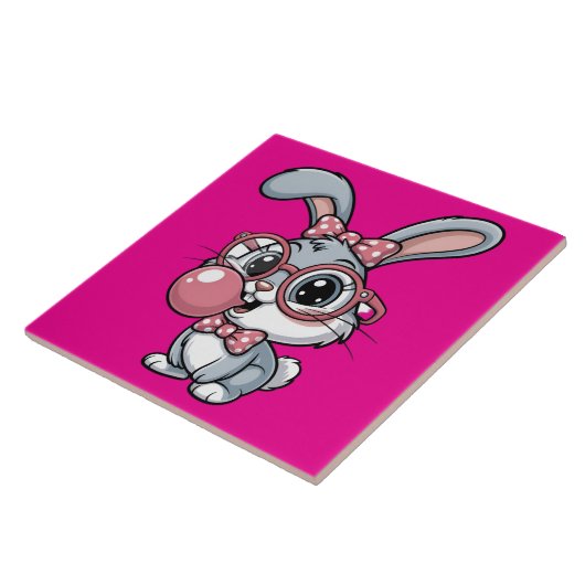 Cute Bunny with Glasses Blowing Bubble Gum Fliese (Seite)
