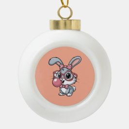 Cute Bunny with Glasses Blowing Bubble Gum Keramik Kugel-Ornament