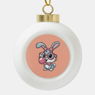 Cute Bunny with Glasses Blowing Bubble Gum Keramik Kugel-Ornament