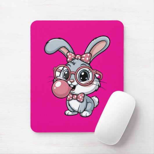 Cute Bunny with Glasses Blowing Bubble Gum Mousepad (Mit Mouse)