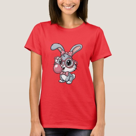Cute Bunny with Glasses Blowing Bubble Gum T-Shirt (Vorderseite)