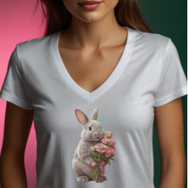  “Cute Bunny with Pink Roses” Adorable Art Design T-Shirt