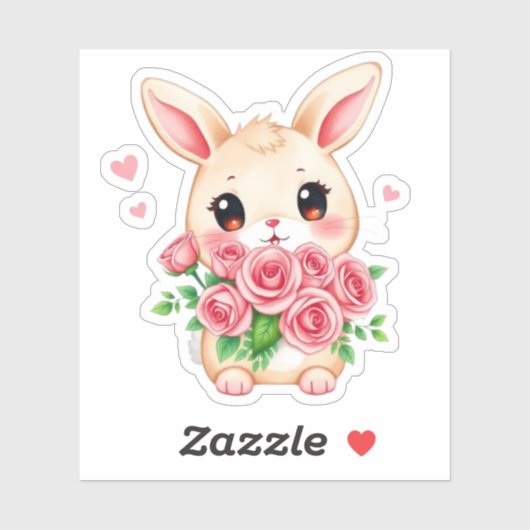 Cute bunny with roses Custom-Cut Vinyl Sticker (Blatt)