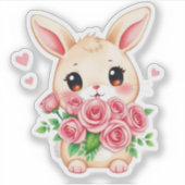Cute bunny with roses Custom-Cut Vinyl Sticker (Vorderseite)