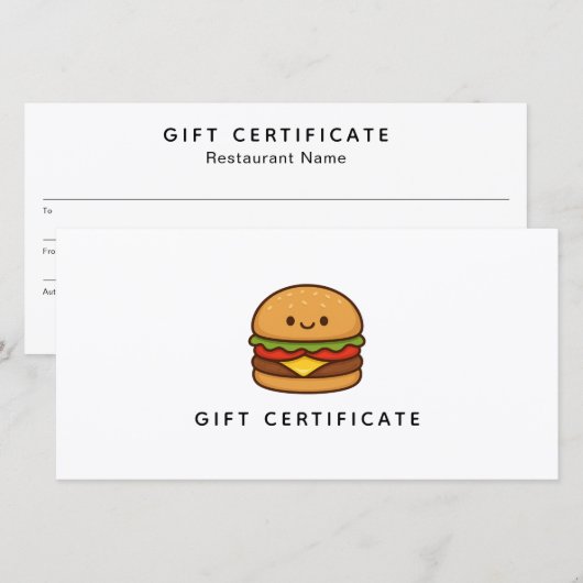 Cute Burger Restaurant Business Gift Certificate (Vorne/Hinten)