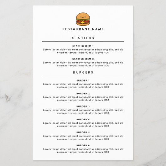 Cute Burger Restaurant Menü (Vorne)