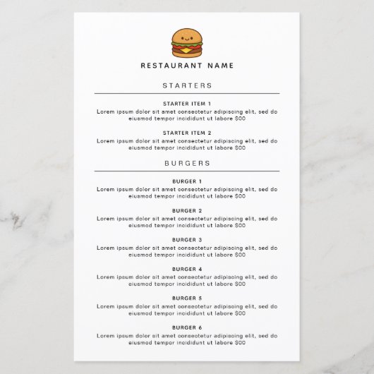 Cute Burger Restaurant Menu (Vorderseite)