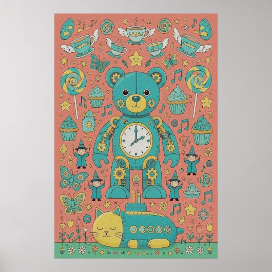 Cute Busy Teddy Bear Illustration  Poster (Vorne)