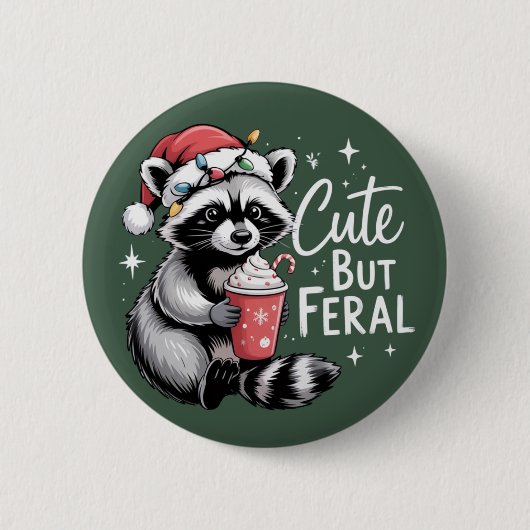 Cute But Feral Christmas Raccoon Funny Animal Button (Vorderseite)