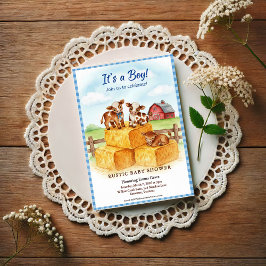 Cute Calf Baby Shower Gingham Hay Invitation Postkarte