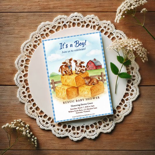 Cute Calf Baby Shower Gingham Hay Invitation Postkarte