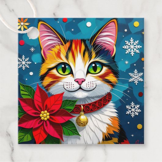 Cute Calico Kitty Cat and Poinsettia Christmas Geschenkanhänger (Vorderseite)