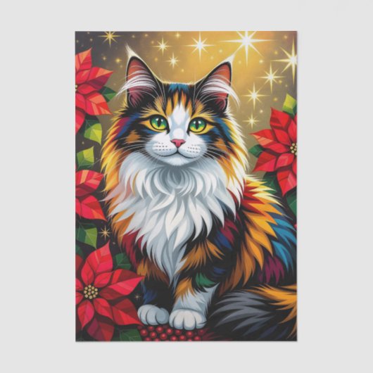 Cute Calico Kitty Cat and Poinsettia Christmas Seidenpapier (Vorderseite)