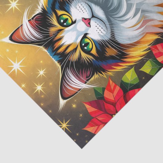 Cute Calico Kitty Cat and Poinsettia Christmas Seidenpapier (Ausschnitt)