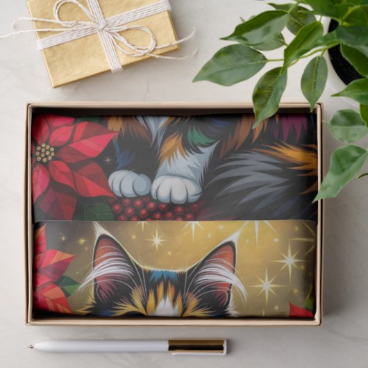 Cute Calico Kitty Cat and Poinsettia Christmas Seidenpapier (Geschenk)