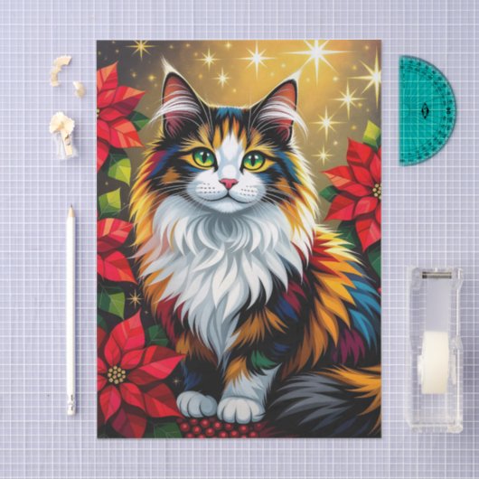 Cute Calico Kitty Cat and Poinsettia Christmas Seidenpapier (Handwerk)