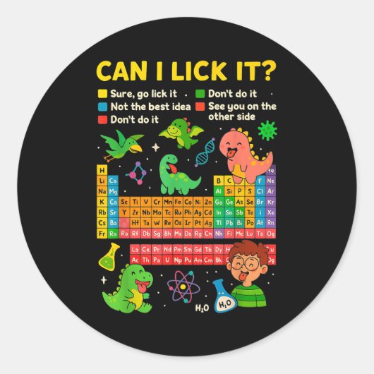 Cute Can I Lick It Dino Periodic Table Science Hum Runder Aufkleber (Vorderseite)