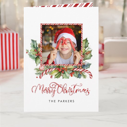 Cute Candy Cane Merry Christmas Floral Photo Feiertagskarte