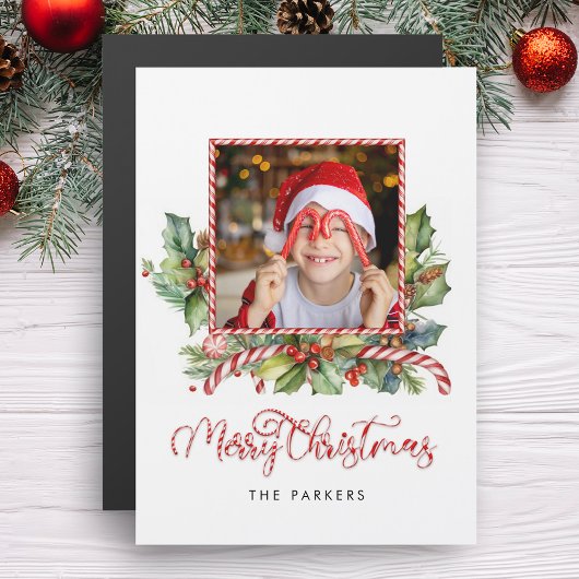 Cute Candy Cane Merry Christmas Floral Photo Magnetkarte