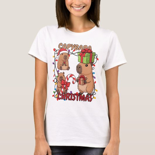 Cute Capybara Christmas Lights Festive Party T-Shirt (Vorderseite)