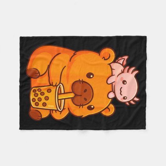 Cute Capybara Drinking Bubble Tea And Axolotl Kawa Fleecedecke (Vorderseite (Horizontal))