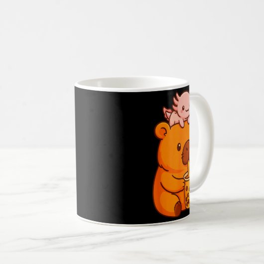 Cute Capybara Drinking Bubble Tea And Axolotl Kawa Kaffeetasse (VorderseiteRechts)