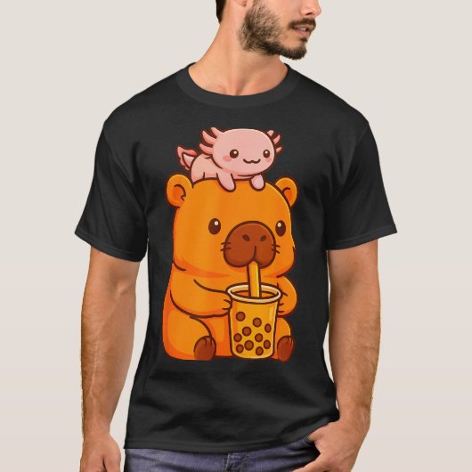 Cute Capybara Drinking Bubble Tea And Axolotl Kawa T-Shirt (Vorderseite)