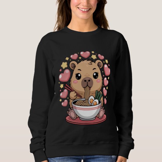 Cute Capybara Eating Noodles for Food Lovers Anime Sweatshirt (Vorderseite)