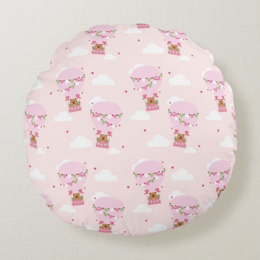 Cute Capybara Hot Air Balloon Rundes Kissen (Vorderseite)