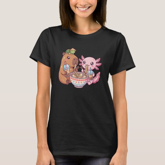 Cute Capybara Pink Axolotl Ramen Turtle Bubble Tea T-Shirt (Vorderseite)