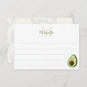 Cute Cartoon Avocado Custom Monogram Lined Mitteilungskarte (Vorne/Hinten)
