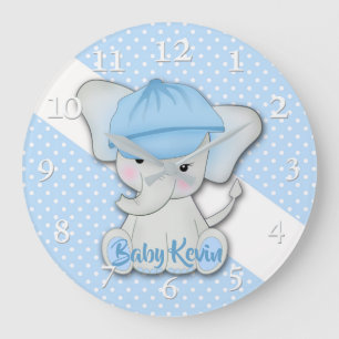 Cute cartoon baby elephant on a blue white polka d große wanduhr