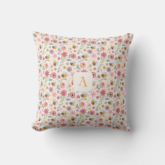Cute cartoon bee flower pink pattern monogram kissen (Vorderseite)