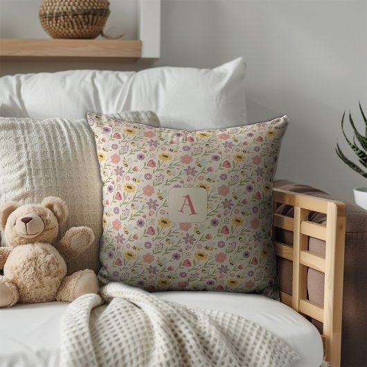Cute cartoon bee flower pink pattern monogram kissen