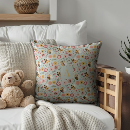 Cute cartoon bee flower yellow pattern monogram kissen
