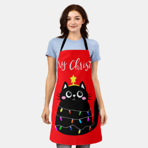 Cute cartoon black cat Christmas tree Schürze