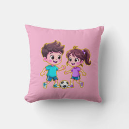 Cute Cartoon Boy and Girl Playing Soccer Together  Kissen