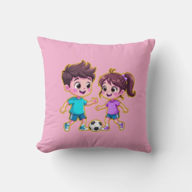 Cute Cartoon Boy and Girl Playing Soccer Together  Kissen (Vorderseite)