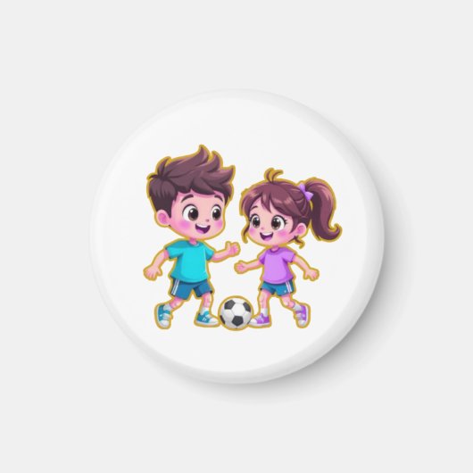 Cute Cartoon Boy and Girl Playing Soccer Together  Magnet (Vorne)