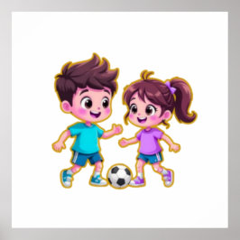 Cute Cartoon Boy and Girl Playing Soccer Together Poster