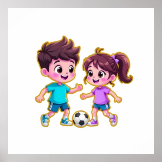 Cute Cartoon Boy and Girl Playing Soccer Together Poster (Vorne)