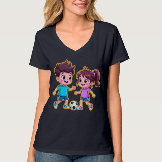 Cute Cartoon Boy and Girl Playing Soccer Together  T-Shirt (Vorderseite)