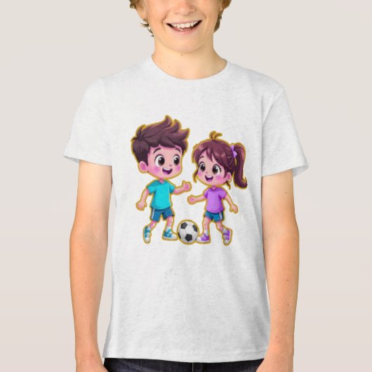 Cute Cartoon Boy and Girl Playing Soccer Together Tri-Blend Shirt (Vorderseite)
