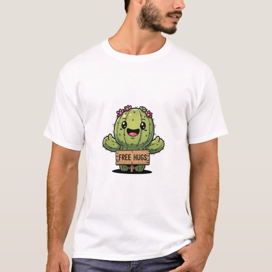 Cute Cartoon Cactus Character Offering Free Hugs T-Shirt (Vorderseite)